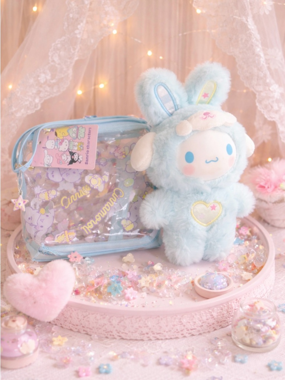 Sanrio Cinnamoroll Plush in Pastel Baby Blue Bunny Outfit with Clear Pouch